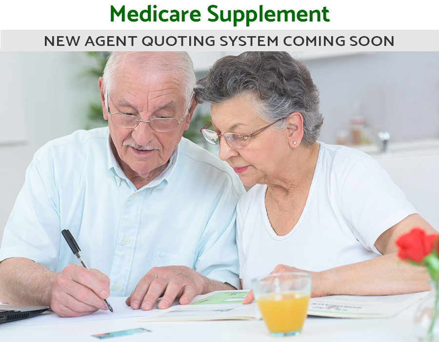 Medicare Supplement new agent quoting system coming soon text above image of elderly couple